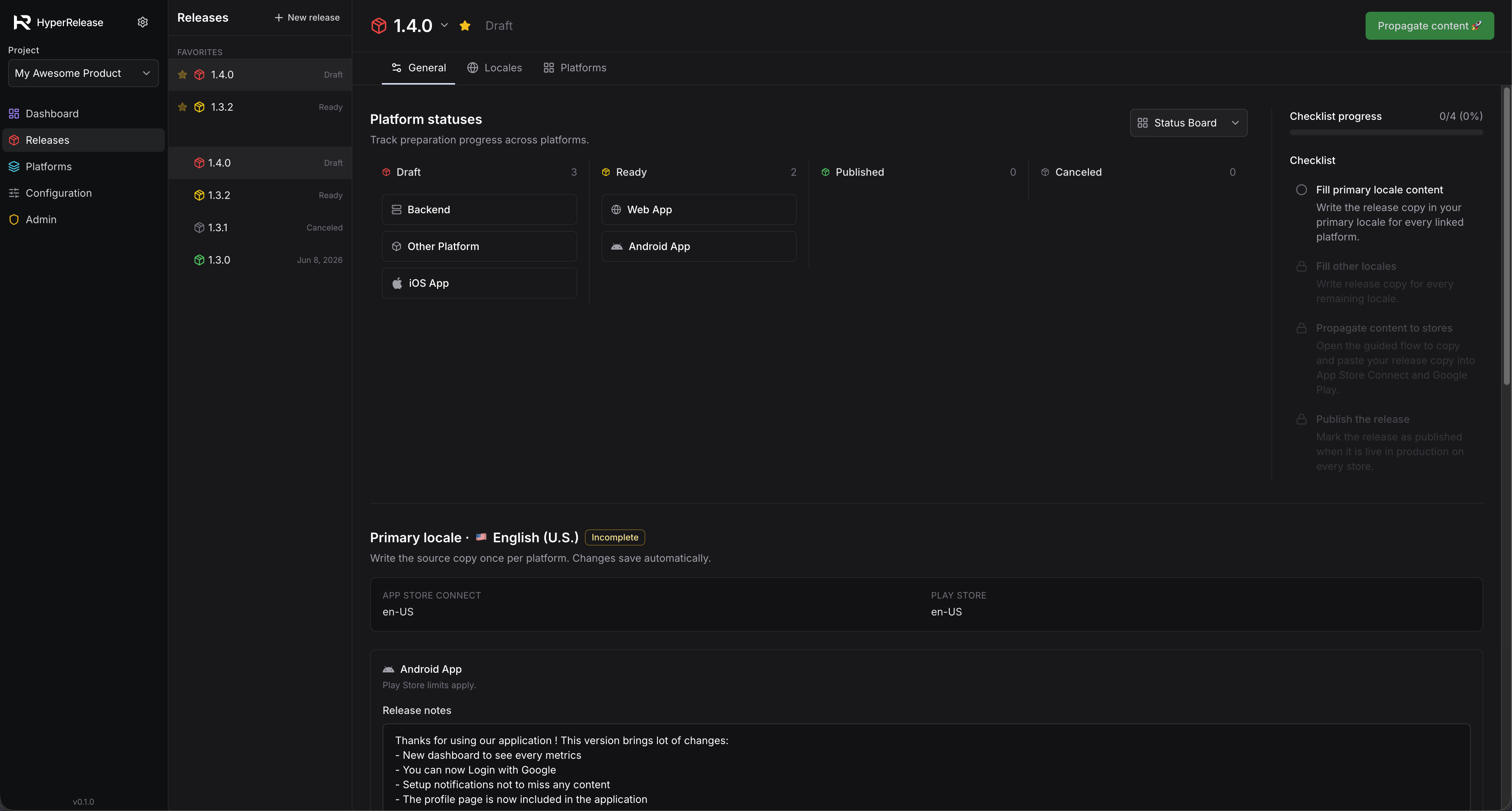 HyperRelease release workspace with platform statuses, locales, release notes, and publish checklist